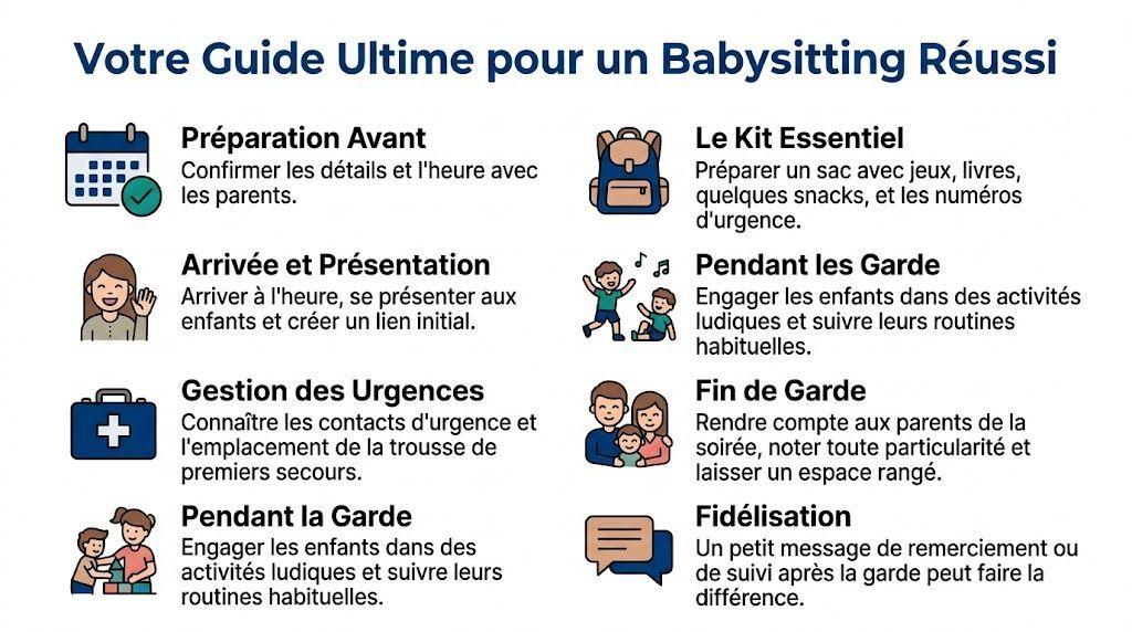 Une infographie pratique illustrant les étapes essentielles pour réussir une mission de babysitting professionnelle en toute sérénité.