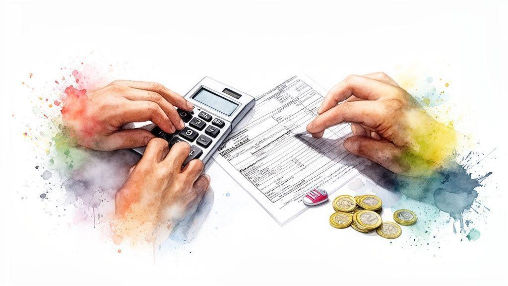 Mains calculant des dépenses sur un document financier, avec des pièces de monnaie, dans un style aquarelle vif.