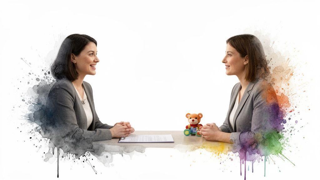 Deux femmes souriantes discutent à une table, avec document et ourson en peluche, évoquant garde d