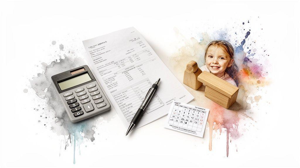 Calculatrice, documents, stylo, figures en bois et une petite fille souriante, sur fond d