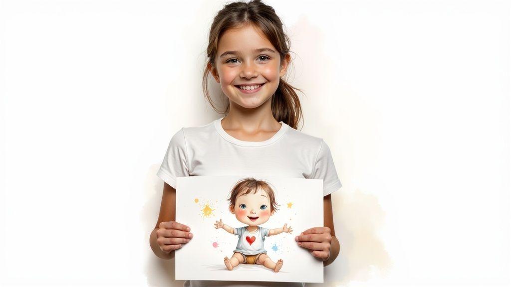 Une jeune fille souriante tenant un dessin coloré d