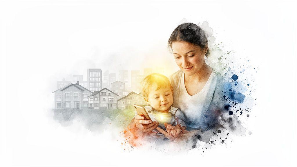 Mère et enfant souriants regardent un smartphone, avec un paysage urbain et des maisons en arrière-plan, en style aquarelle.