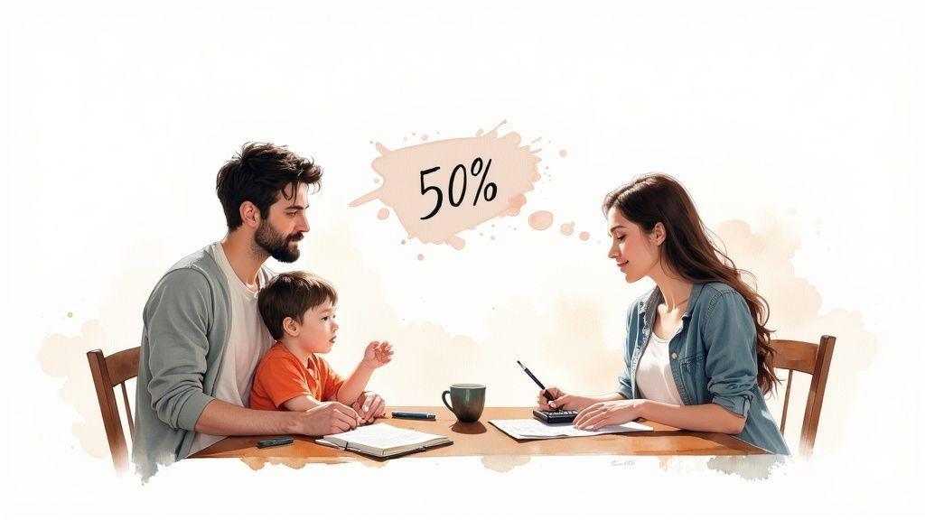 Une famille (homme, femme, enfant) calcule des dépenses à table, avec