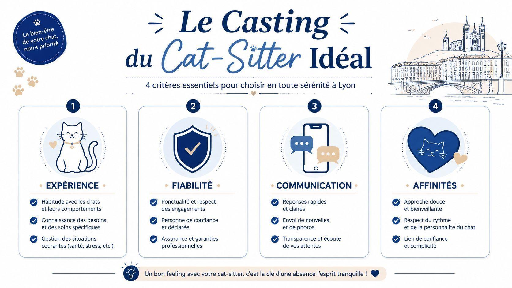 Infographie détaillant les quatre critères essentiels pour choisir un cat-sitter idéal à Lyon pour votre chat.