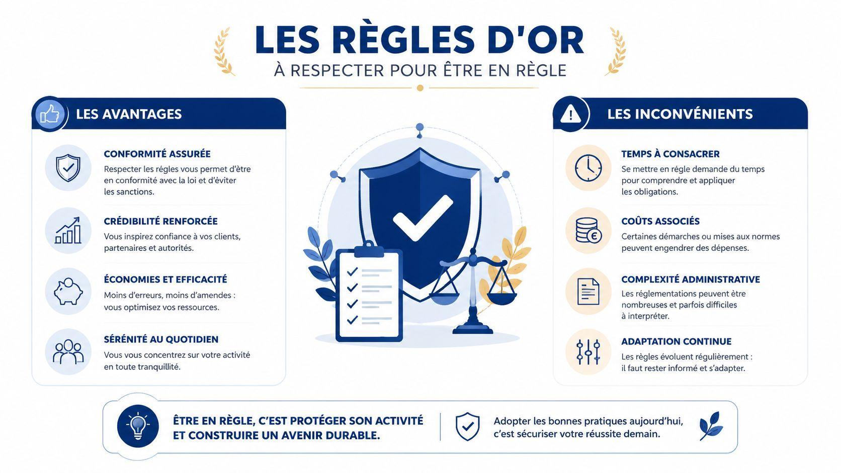 Infographie présentant les avantages et les inconvénients de la conformité aux règles pour une activité professionnelle.