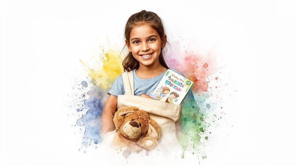 Une jeune fille souriante tenant un sac en toile avec un livre et un ours en peluche, sur un fond aquarelle coloré.