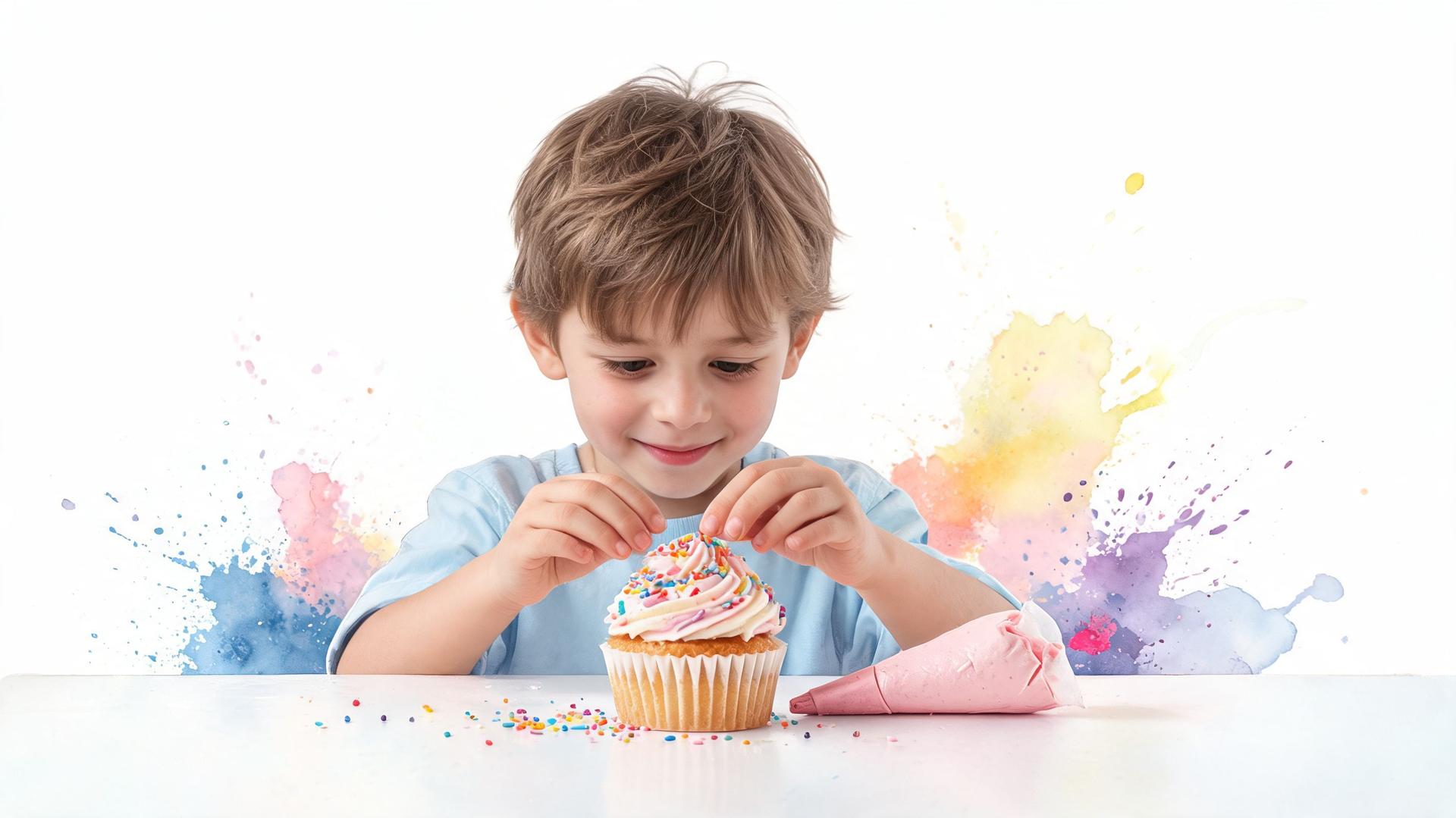 Un jeune garçon souriant décore un cupcake avec des vermicelles colorés sur une table blanche.