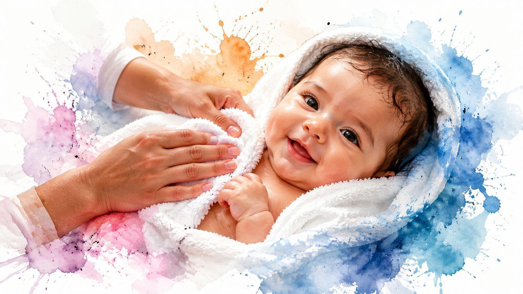 Une mère enveloppe tendrement son bébé souriant dans une serviette blanche douce après le bain du nourrisson.