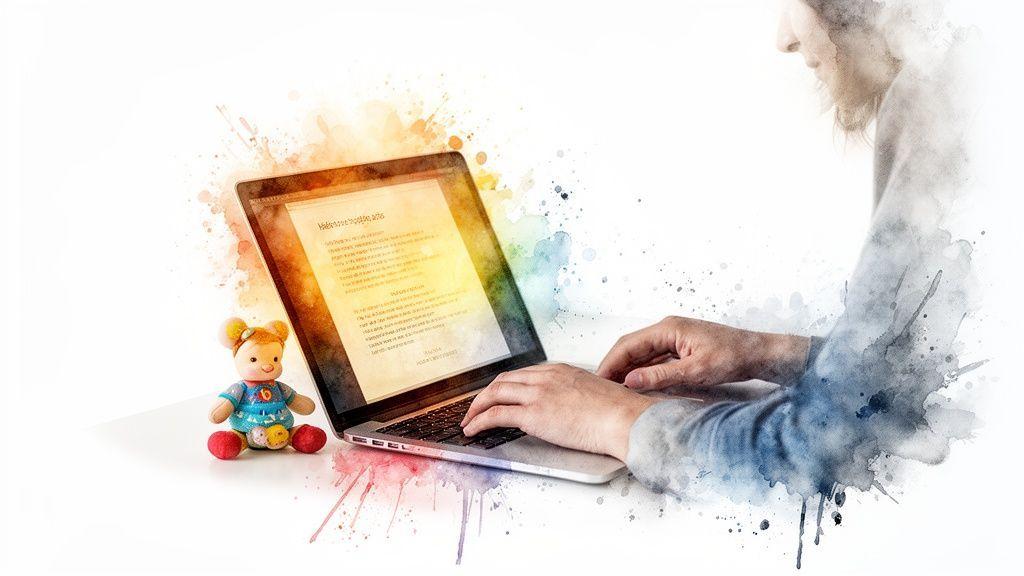 Une personne tape sur un ordinateur portable avec une peluche, le tout dans un style aquarelle abstrait.