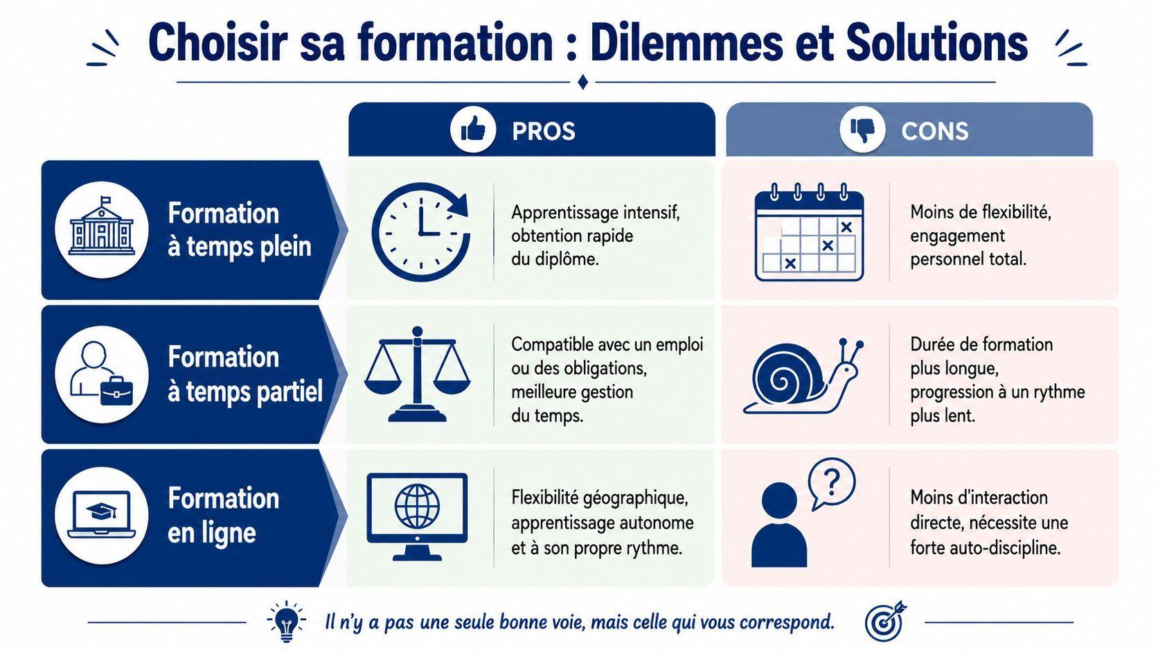Tableau comparatif des avantages et inconvénients des formations à temps plein, temps partiel et en ligne.
