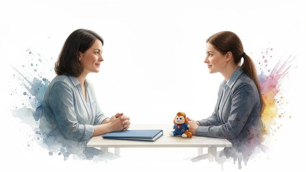 Deux femmes souriantes se regardent à une table, avec un dossier et un jouet en peluche, dans un style aquarelle.