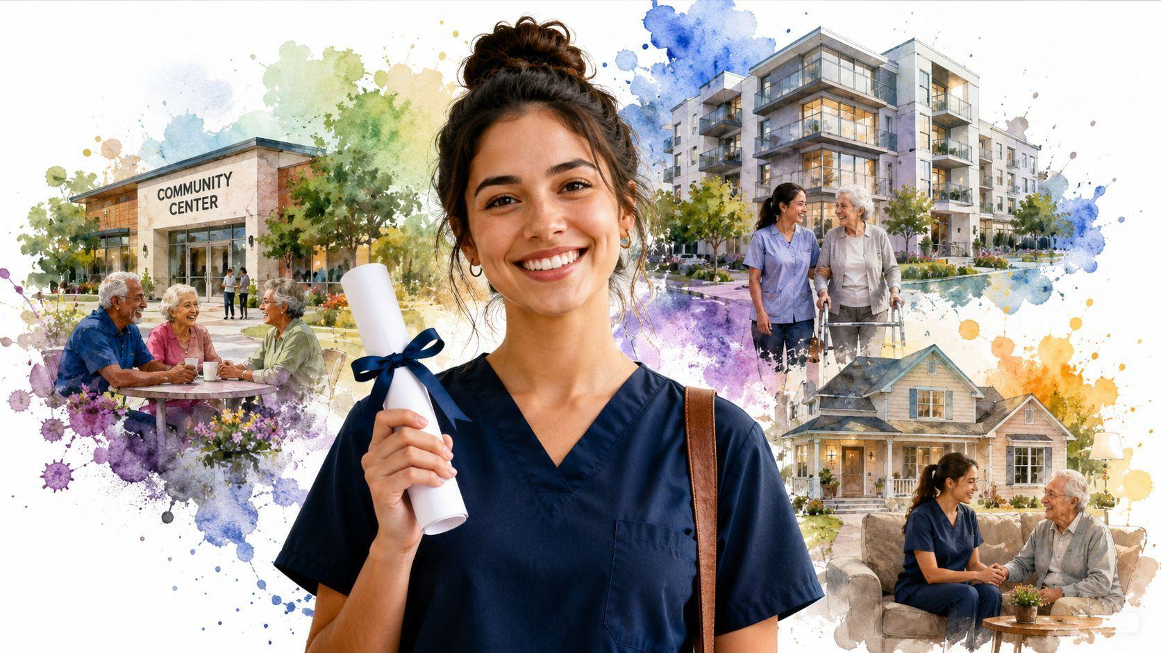 Une jeune infirmière souriante tenant son diplôme devant des illustrations de services d'aide à domicile pour seniors.
