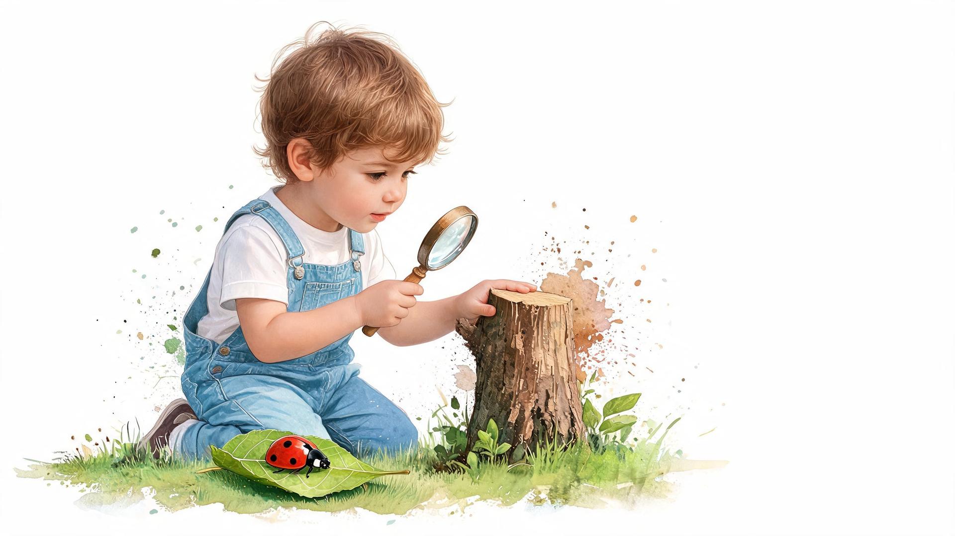 Un jeune enfant explorateur observe une coccinelle sur une feuille avec une loupe dans un jardin.