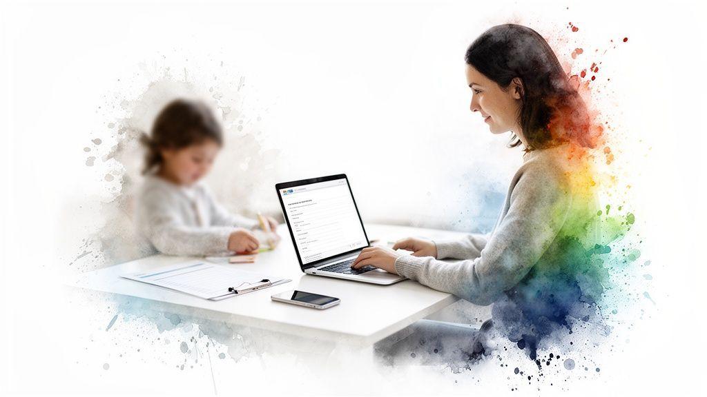 Femme souriante travaillant sur un ordinateur portable, un enfant dessinant à côté, ambiance aquarellee.