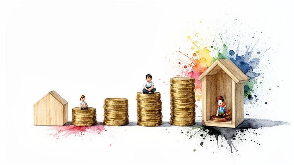Progression des économies avec des enfants et une maison en bois sur fond blanc éclaboussé de couleurs vives.