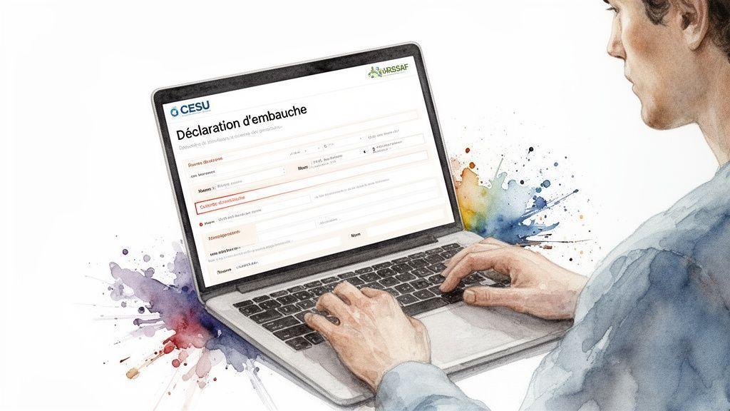 Une personne saisit des informations sur un ordinateur portable affichant une déclaration d