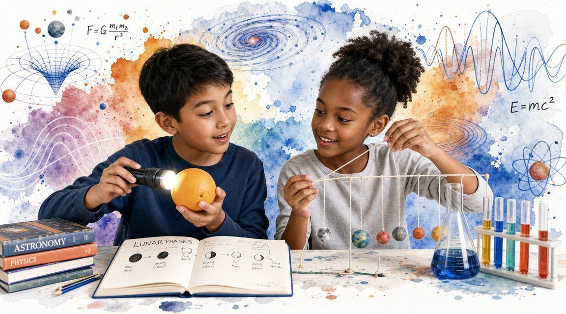 Deux enfants souriants explorent les phases de la lune et le système solaire dans un cadre éducatif.