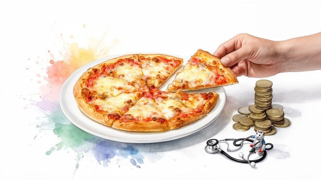 Une main prend une part de pizza, avec des pièces, un stéthoscope et un petit robot.