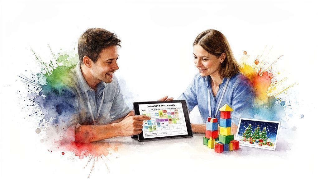 Un homme et une femme souriants regardent une tablette avec un emploi du temps coloré, entourés de jeux de construction et d