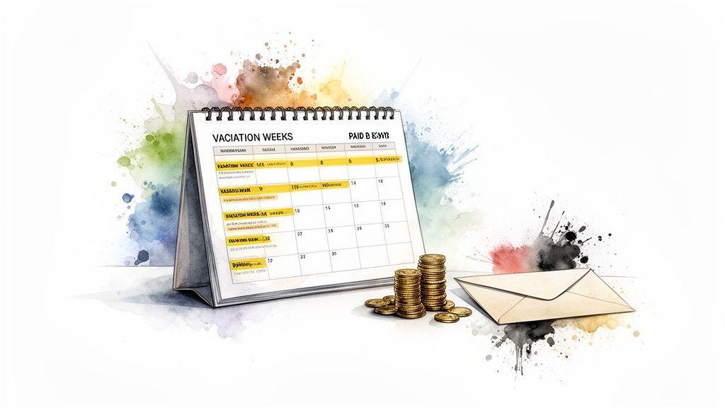 Calendrier de congés payés avec pièces de monnaie et une enveloppe, symbolisant la planification financière et les vacances.