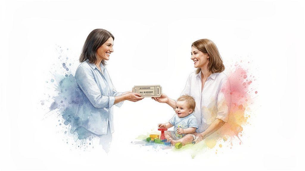 Deux femmes souriantes échangent un ticket, près d