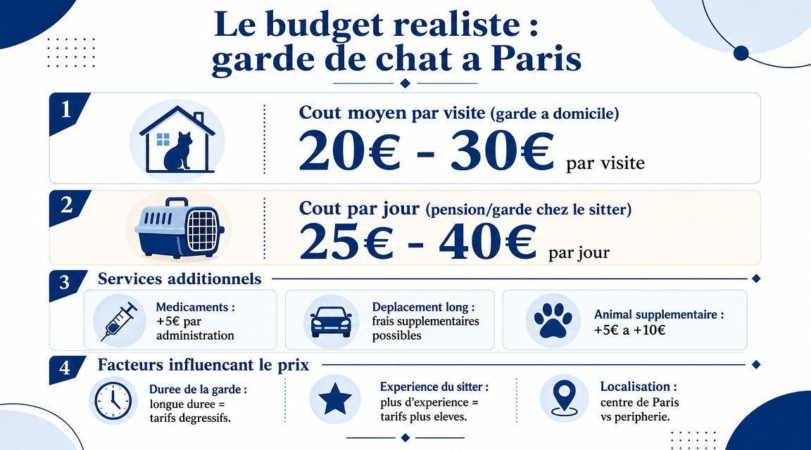 Infographie détaillant les tarifs réalistes pour la garde de chats à Paris, incluant services et facteurs influents.