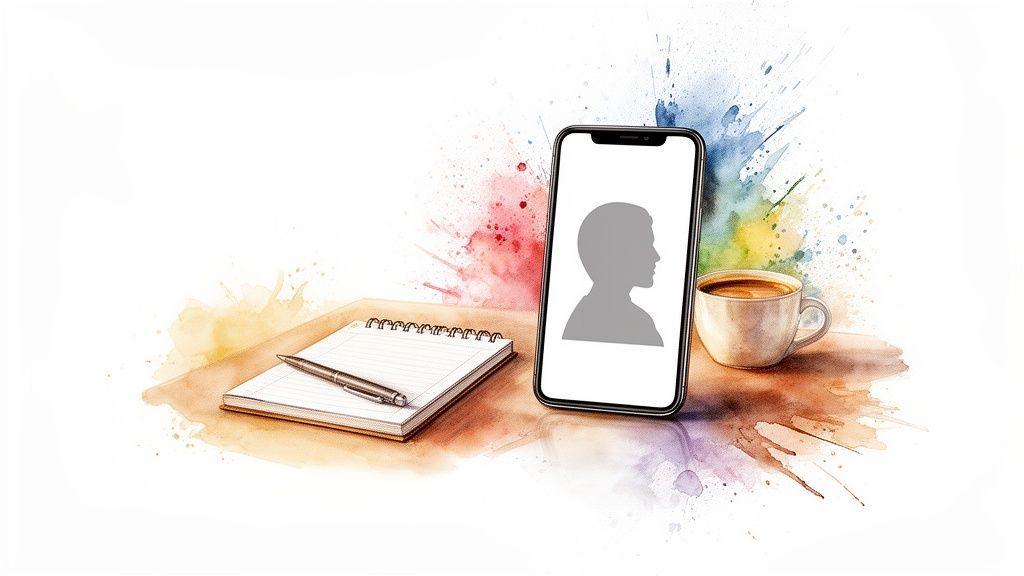 Espace de travail créatif avec un carnet, un stylo, un smartphone affichant un profil et une tasse de café, sur fond blanc avec des éclaboussures d