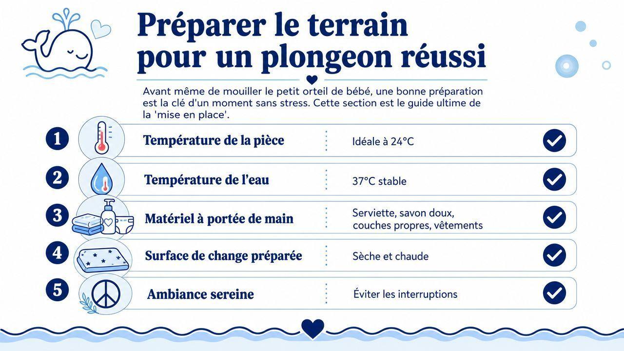 Infographie illustrant les étapes pour préparer un premier bain serein et sécurisé pour votre bébé.