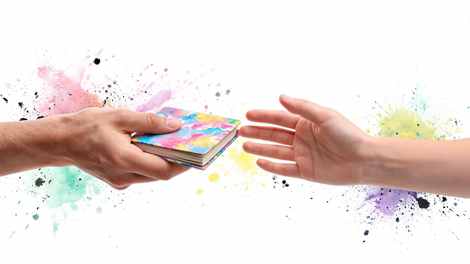 Une main tend un petit carnet coloré à une autre main sur un fond blanc avec des éclaboussures.