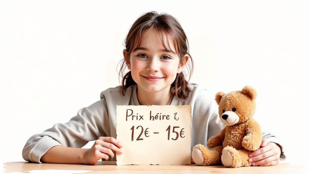 Une jeune fille souriante tient une pancarte indiquant