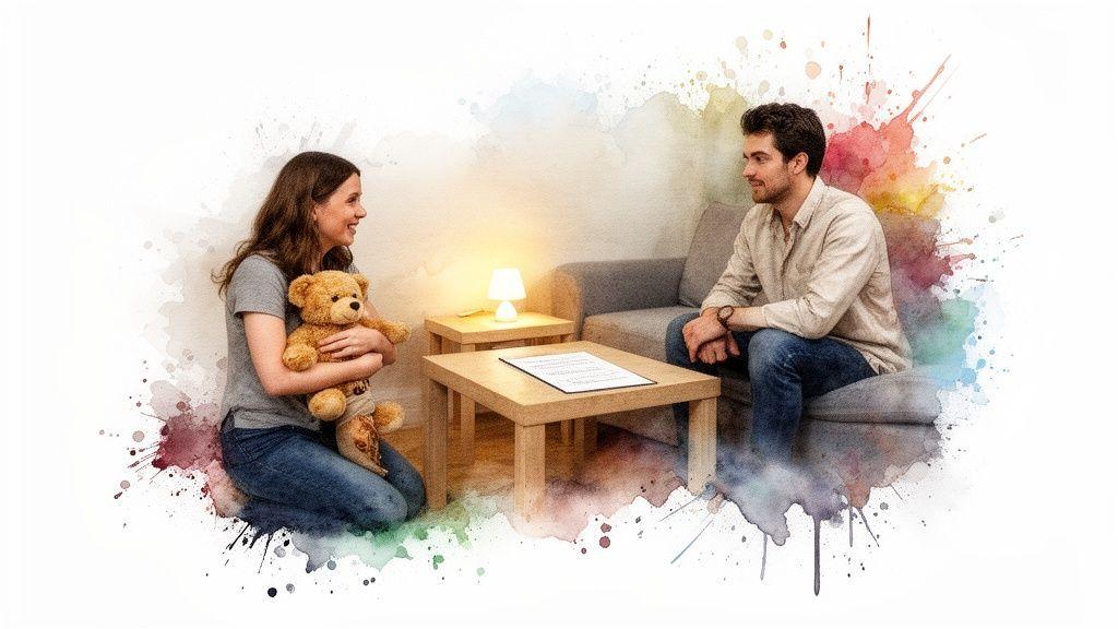 Une femme souriante tient un ours en peluche, accroupie face à un homme assis sur un canapé, dans un cadre de consultation aux touches aquarelles.