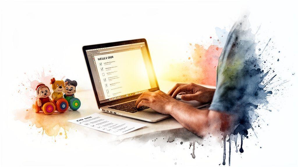 Une personne travaille sur un ordinateur portable avec une liste de contrôle et des jouets d