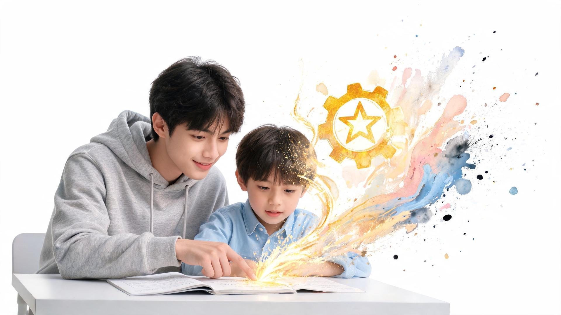 Un jeune homme aide un petit garçon à étudier avec une illustration magique en forme d