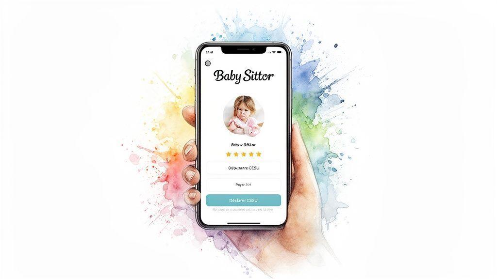 Main tenant un smartphone avec une application de baby-sitting affichant un profil d