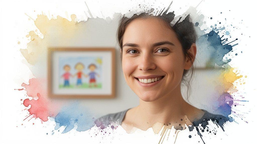 Une femme souriante avec un dessin d