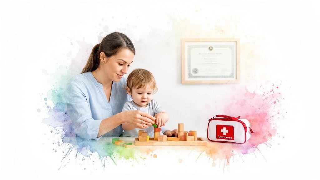 Une femme et un enfant jouent avec des blocs de construction en bois, avec un certificat et une trousse de premiers secours.