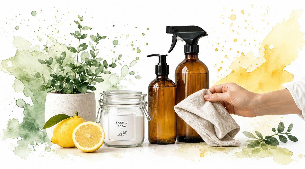 Une main tenant un chiffon avec du bicarbonate de soude et des citrons pour un nettoyage écologique naturel.