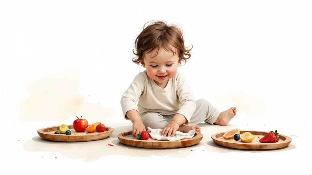 Un bébé joyeux explore des fruits colorés sur des assiettes en bois, assis sur un sol blanc.