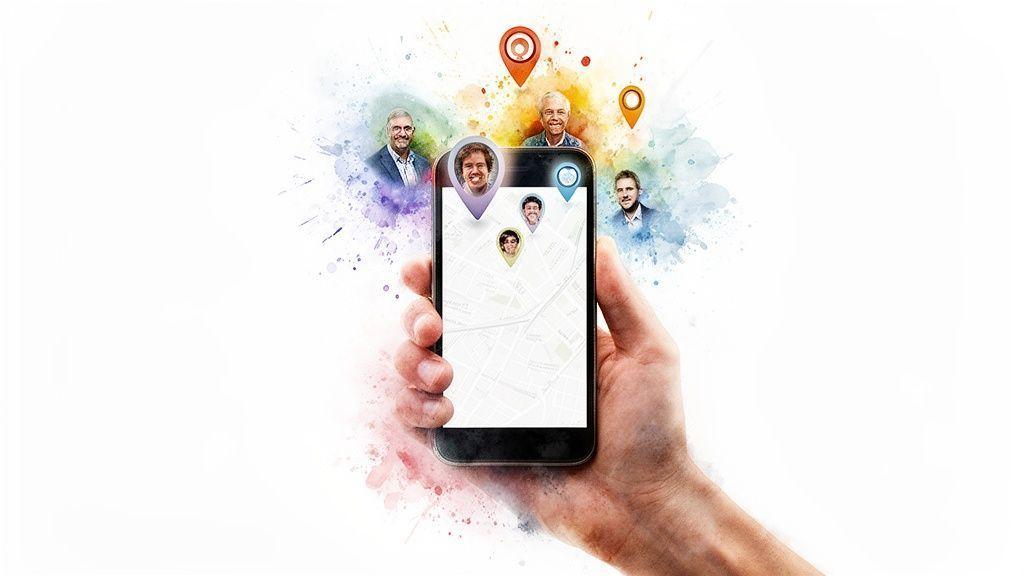 Main tenant un smartphone affichant une carte avec des marqueurs de localisation et des visages, sur un fond blanc avec des éclaboussures de couleur.