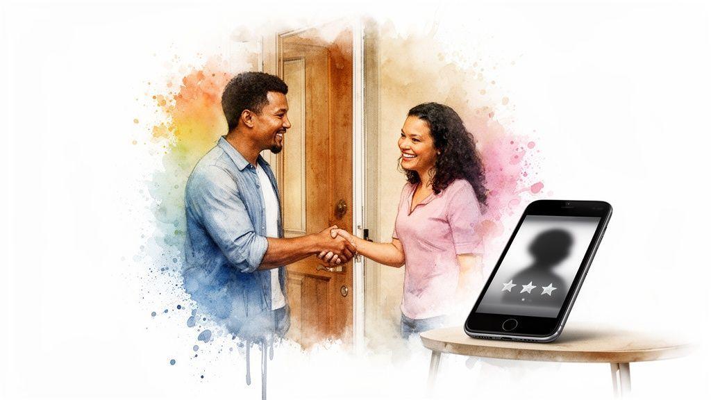 Un homme et une femme souriants se serrant la main devant une porte, avec un smartphone affichant un avis client à côté.