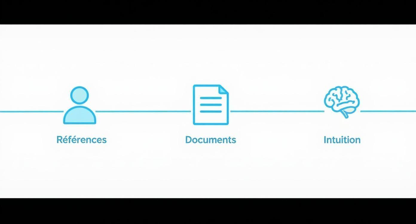 Une ligne horizontale avec trois icônes: une personne (Références), un document (Documents) et un cerveau (Intuition), illustrant des sources d