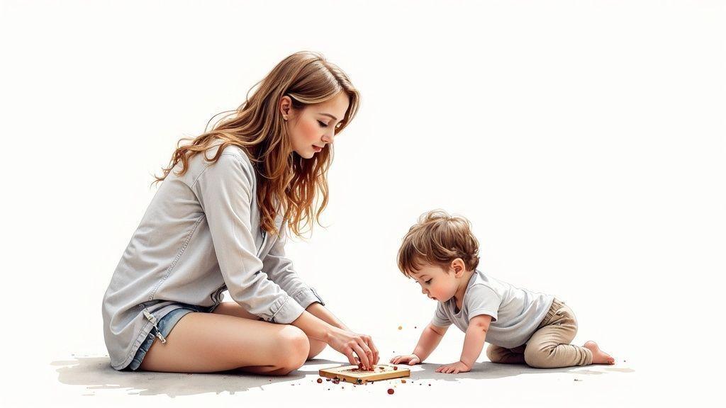 Une femme aux cheveux longs assise joue avec un bébé qui rampe, sur un sol blanc avec des petits jouets en bois.