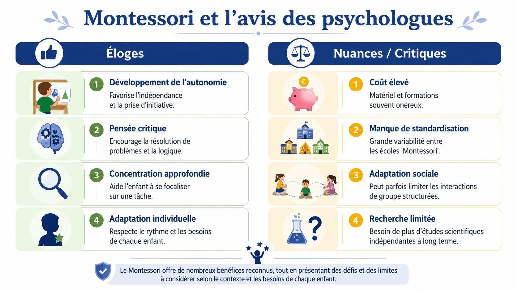 Infographie comparant les avantages et les critiques de la méthode Montessori selon le point de vue des psychologues.