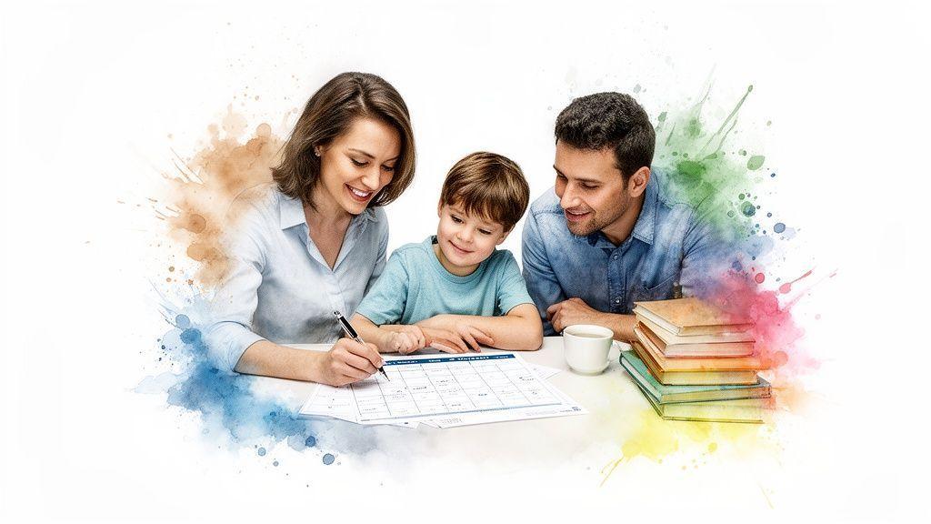 Une famille souriante, composée d