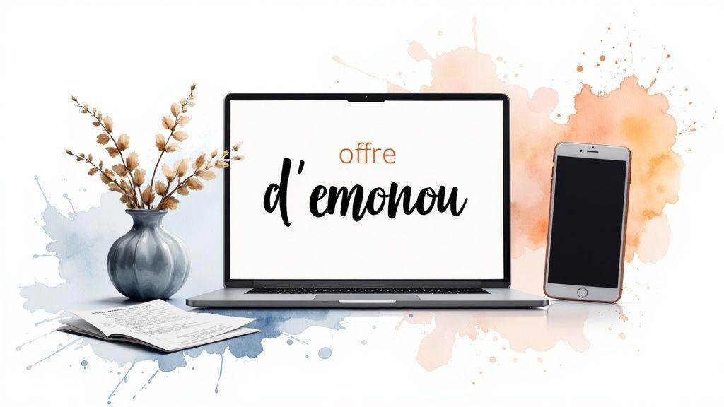 Image de bureau avec ordinateur portable, smartphone, vase et document, sur fond d