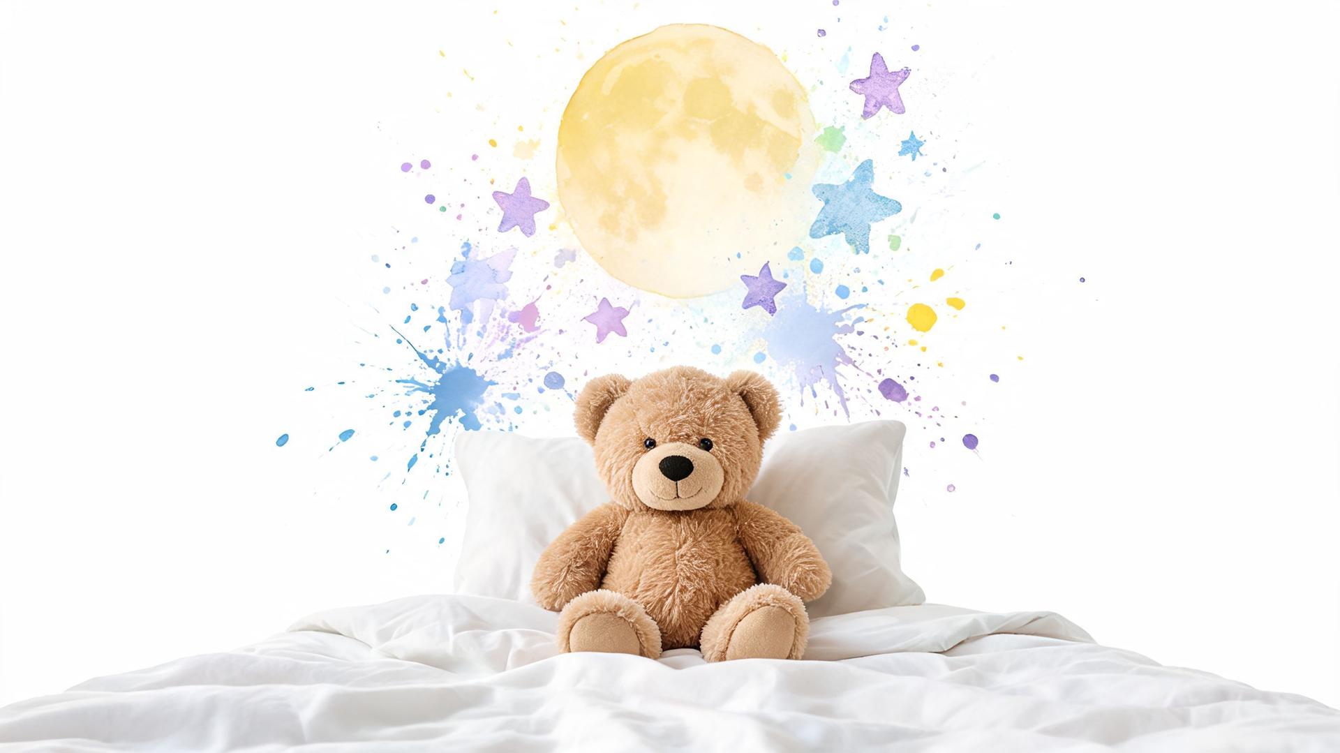 Un ours en peluche assis sur un lit blanc avec une lune et des étoiles en arrière-plan