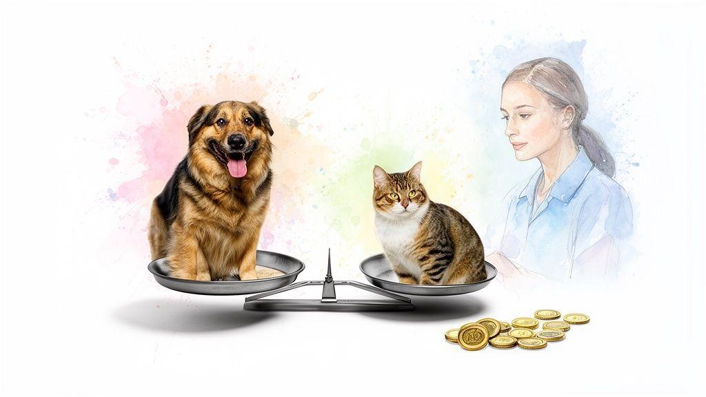 Un chien et un chat sur une balance, une femme et des pièces de monnaie symbolisant les coûts.