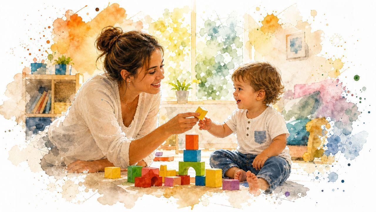 Une mère jouant avec son jeune fils en empilant des blocs de construction colorés dans une chambre lumineuse.