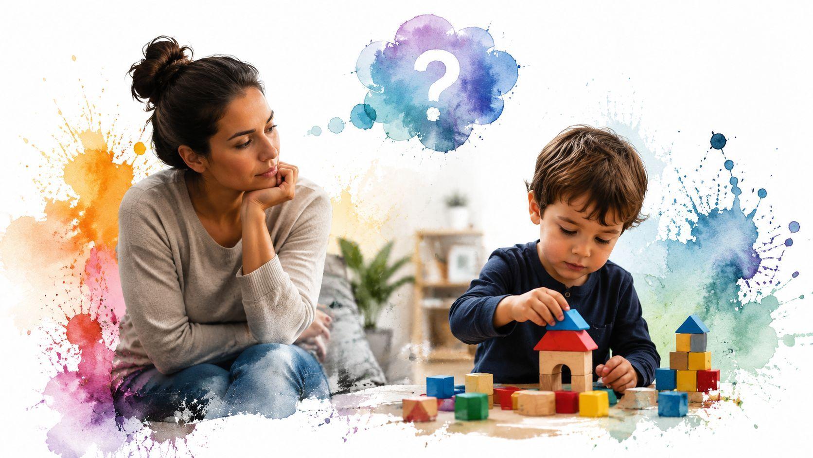 Une mère observe son jeune fils en train de jouer avec des blocs de construction en bois colorés.