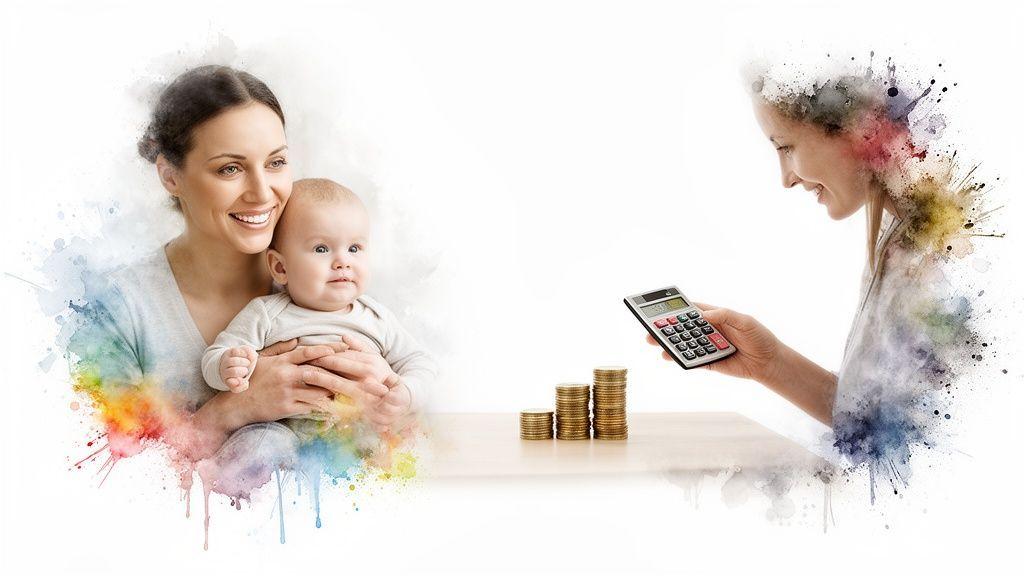 Une mère souriante tient son bébé, avec des éclaboussures de peinture. Une femme calcule avec des pièces, symbolisant la planification financière familiale.